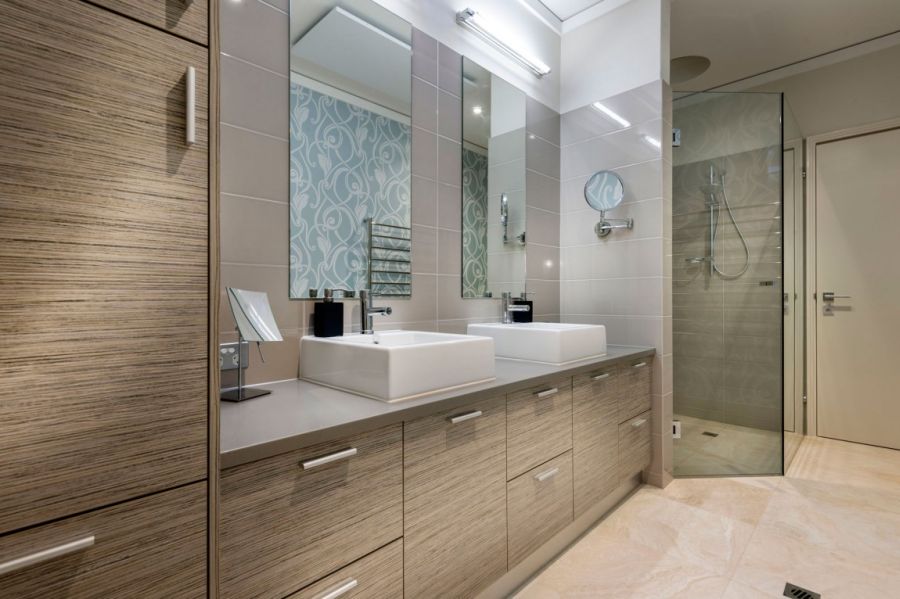 Contemporary bathroom with wooden accents