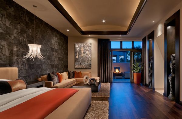 Contemporary bedroom with bold bedside lighting idea