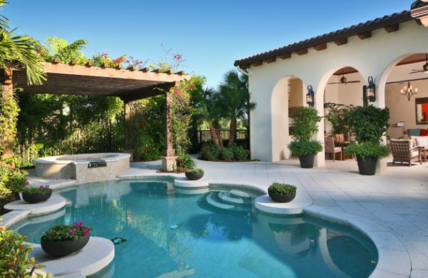 Custom designed pool and spa in the backyard