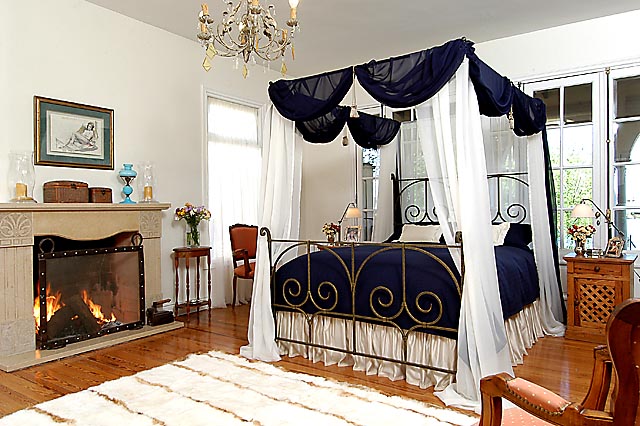 Delazious wrought iron canopy bed with blue and white bedding and fireplace