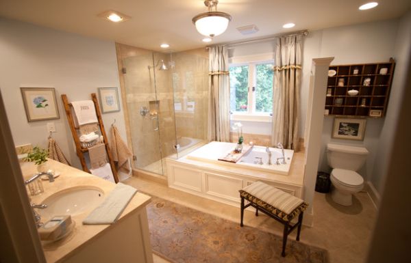 Display the towels using the teak ladder with shelves next to the glass shower area