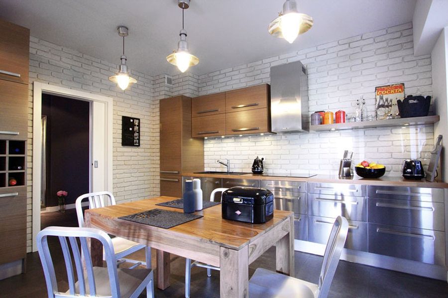 Exposed brick wall in the kitchen