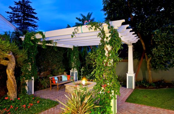 Fireplace creates an instant focal point in the pergola design