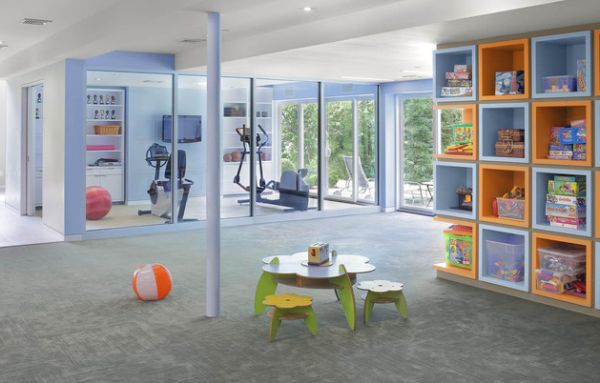 Home gym and an open playroom design - Workout without worrying about the little ones!