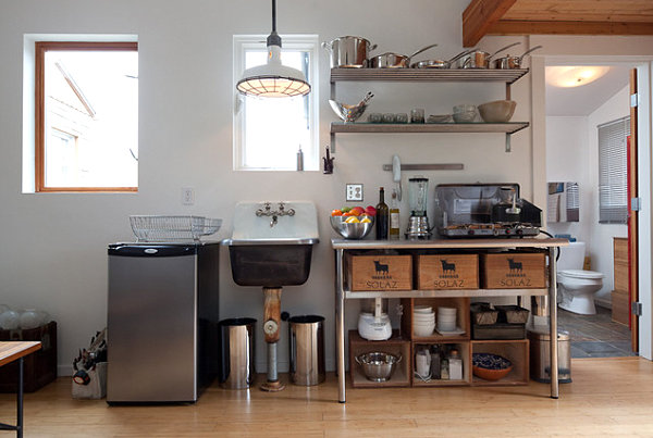 Industrial shelving in a contemporary kitchen