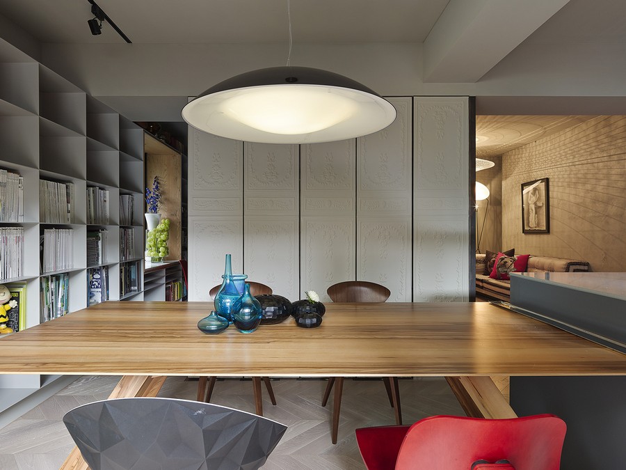 Large pendant light above the dining space