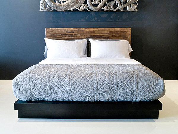 Low reclaimed wood bed with headboard