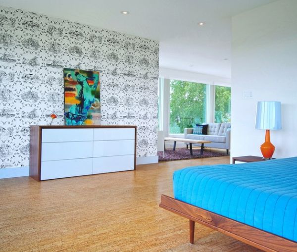 Mid century modern bedroom with wallpaper that draws inspiration from a toile style