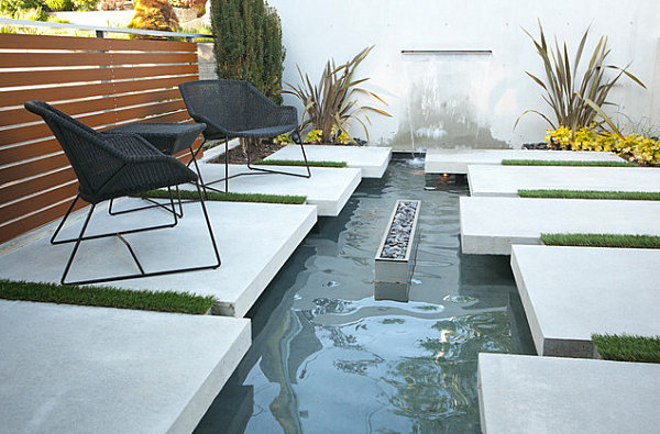 Modern seating area with a water feature