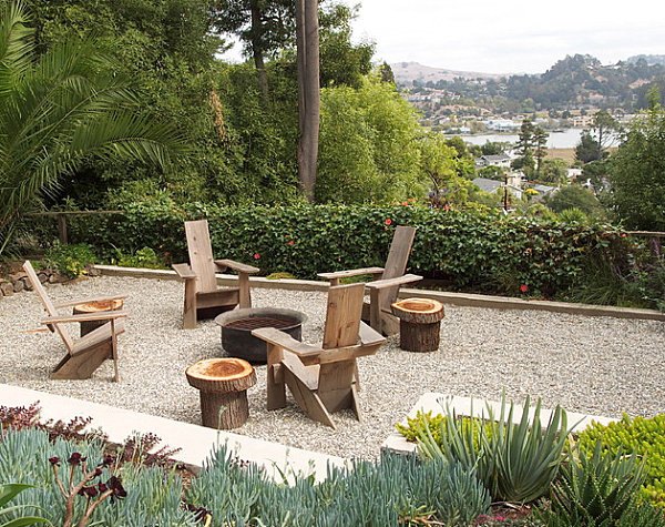 Modern wooden chairs in a succulent garden