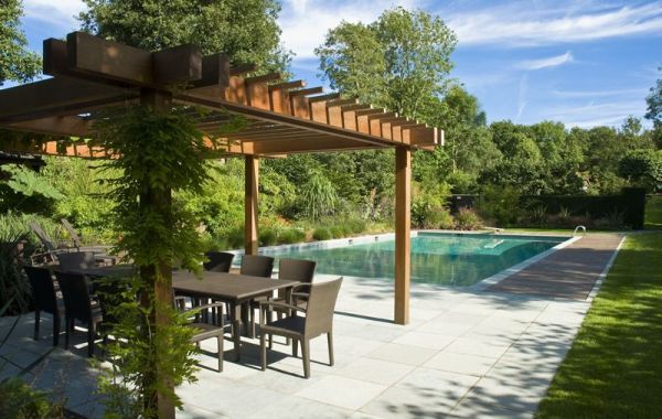 Natural vines provide both shade and style to the pergola