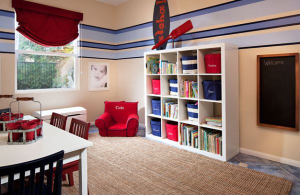 Nautical themed kids' playroom in red and blue