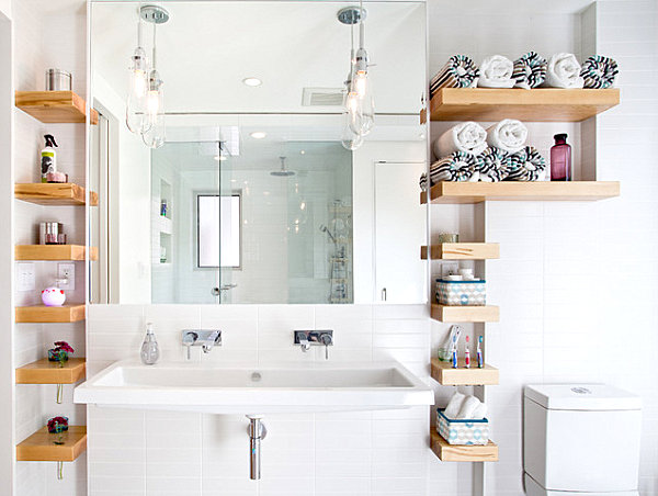 Open shelving for bathroom storage