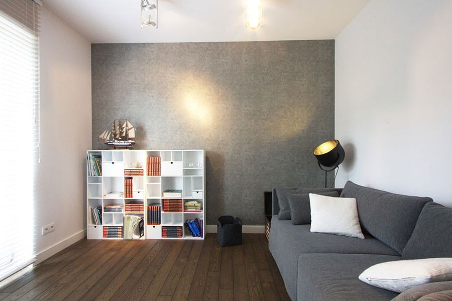 Plush gray couch in the study