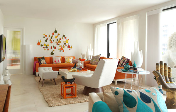 Retro living space with orange touches