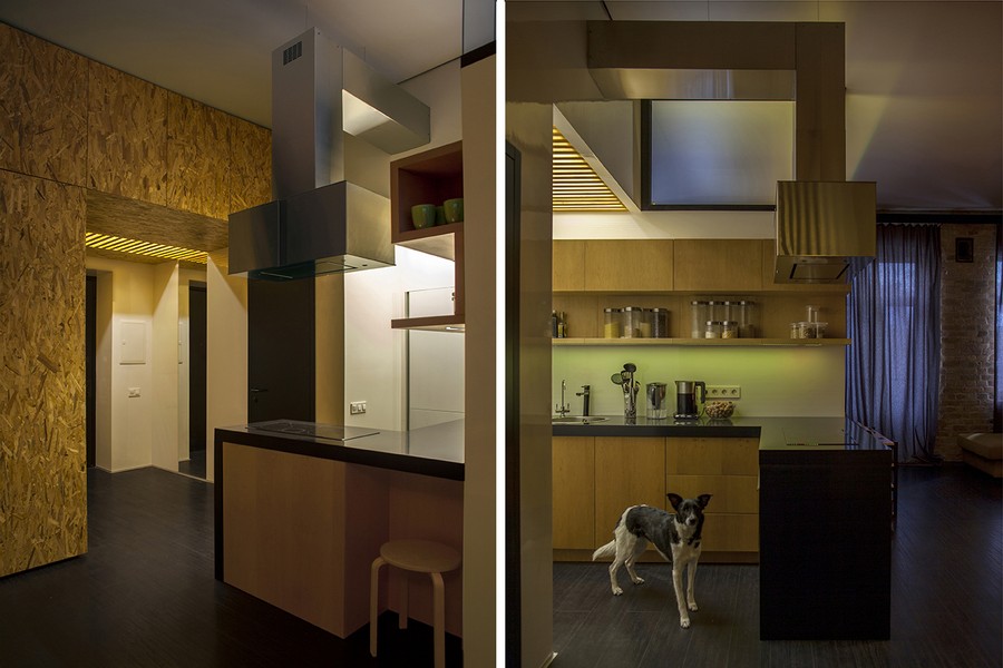 Sleek and well-lit kitchen shelves
