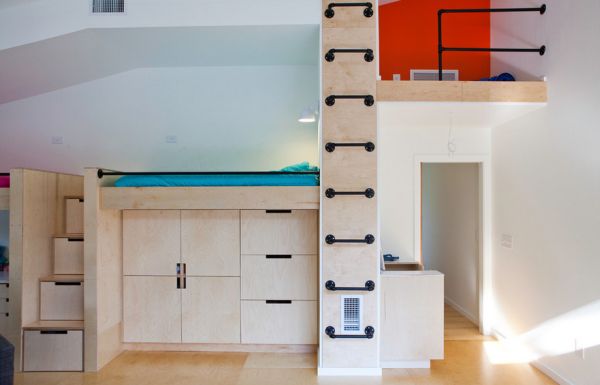 Smart playroom storage units and a hip ladder that leads to a cool hideaway!