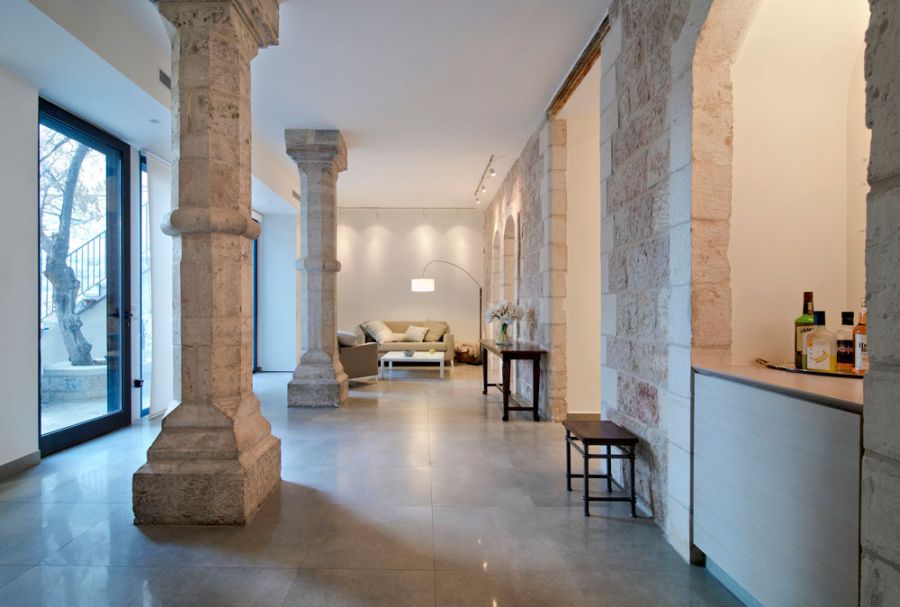 Stone pillars of the renovated Mahane Yehuda apartment