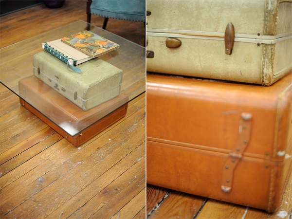 Suitcase coffee table with glass top