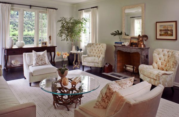 Tufted chairs draped in modern toile print