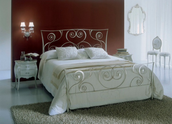 White Bontempi Macrame Wrought Iron Bed Against Brown Wall
