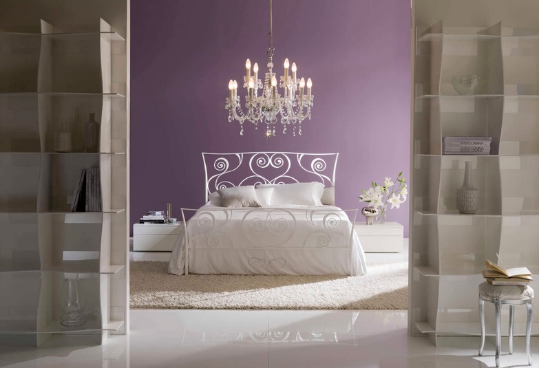 White Bontempi Macrame Wrought Iron Bed in Purple Bedroom