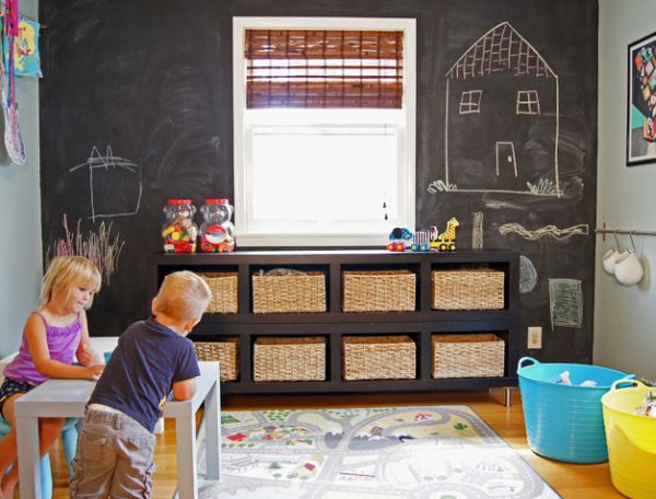 Woven baskets are a great way to add much needed storage space in the playroom