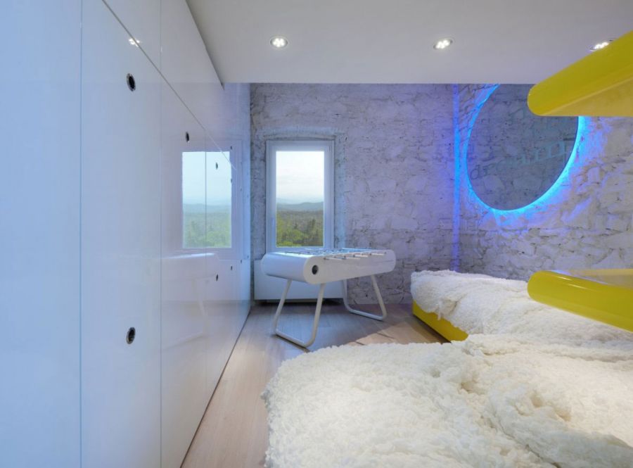 Yellow and blue add color to the space