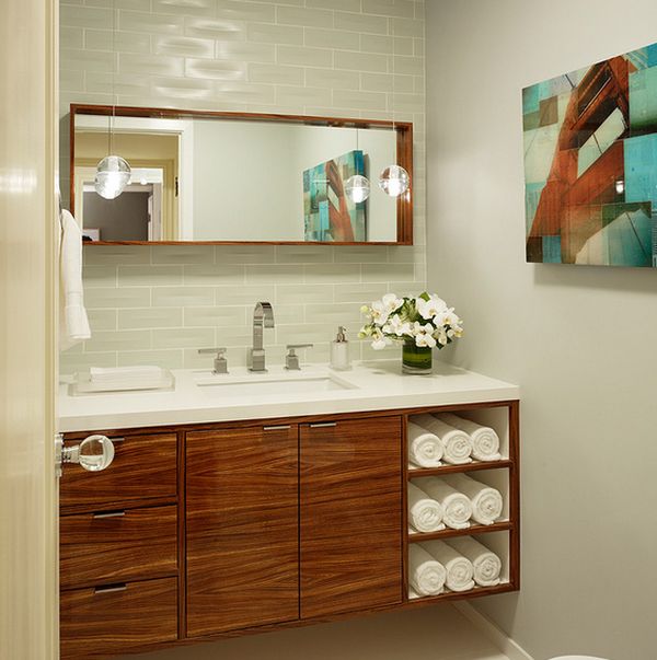 Zebra wood vanity cabinet with elegant display compartments