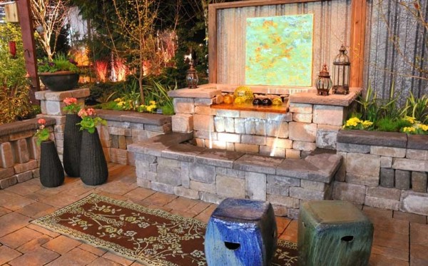 water feature and garden seating area