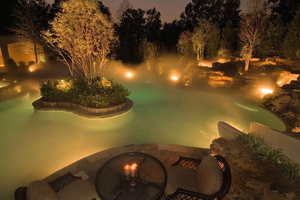 garden water feature lighting with mist