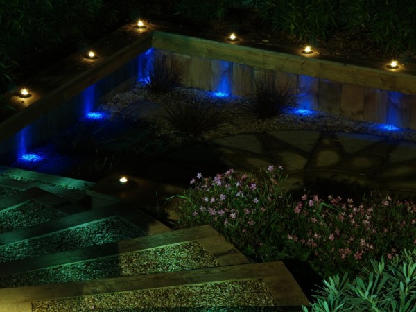 garden area with blue yellow and green lighting