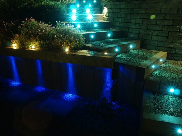 blue-white garden step floodlights look like approaching headlights