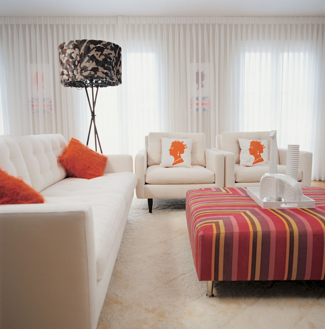 striped fabric ottoman as coffee table