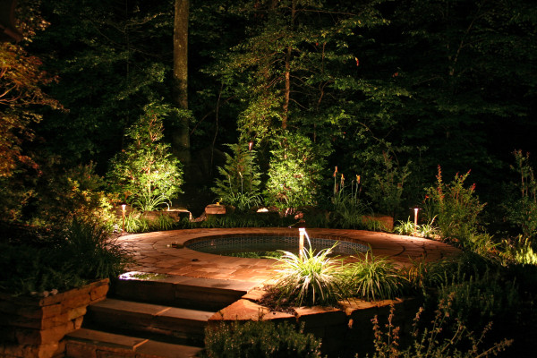 garden lighting around edge of hot tub