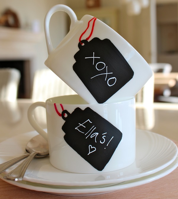 Coffee mugs with chalkboard paint name tags