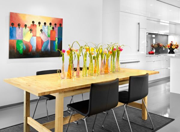 Colorful art installation and floral arrangement