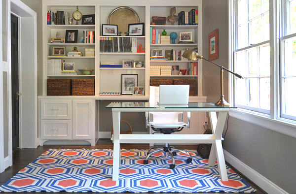 Colorful rug in a tidy home office