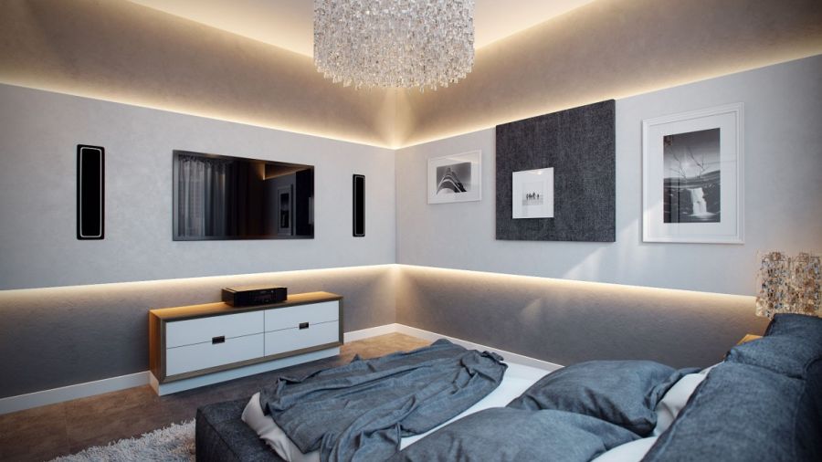 Contemporary bedroom design with cool lighting