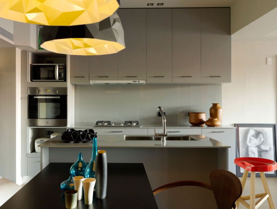 Contemporary pendant lights above the dining table