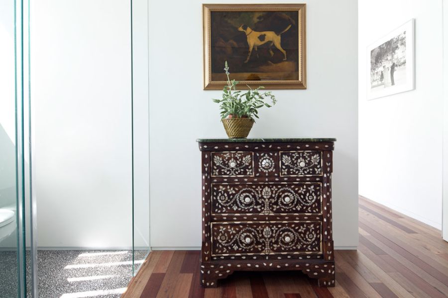 Damascene style dresser in the hallway