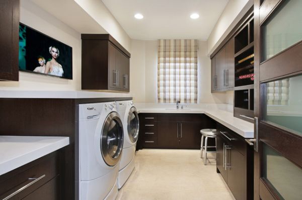 Dark wall cabinets and shelving in the laundry room