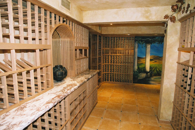 Dominican design wine cellar with mural and marble counter