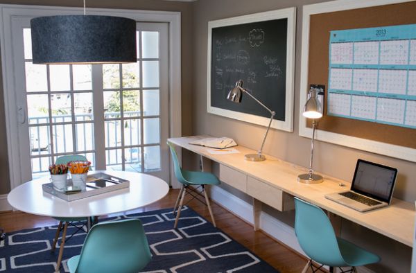 Eames molded plastic chairs in blue add cool accent color to the home office