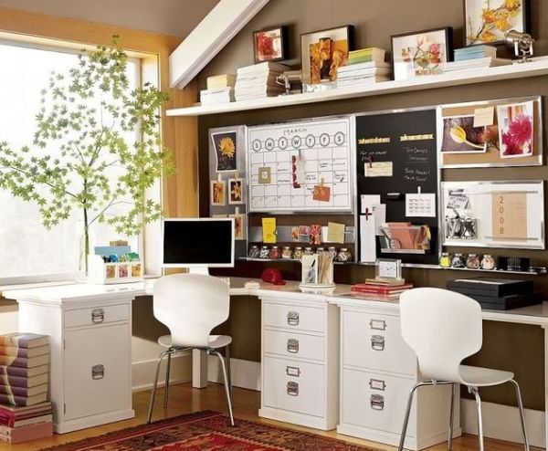 Eclectic home office in brown and white