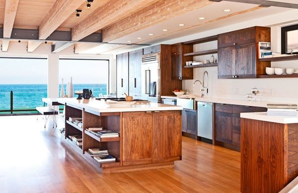 Malibu beach house with heavy wooden accents