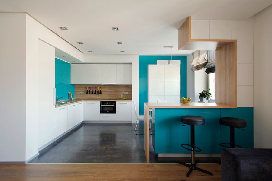 Modern kitchen in turquoise and white