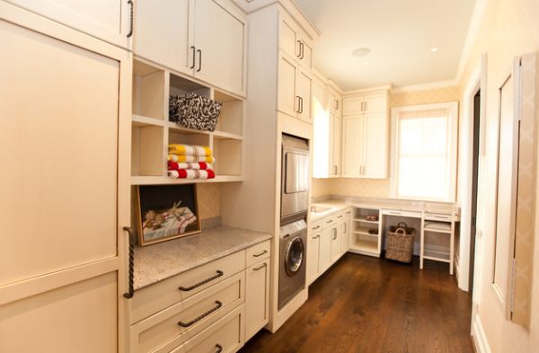 Narrow laundry room design with plenty of selving space