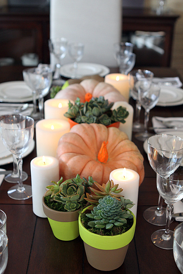 Neon pumpkin and succulent table setting