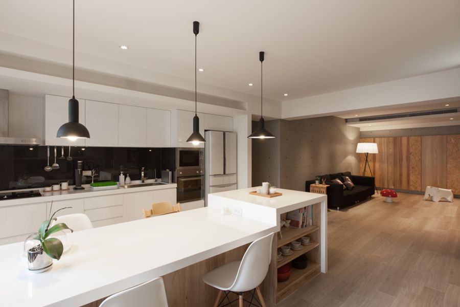 Pendants add visual contrast to the kitchen